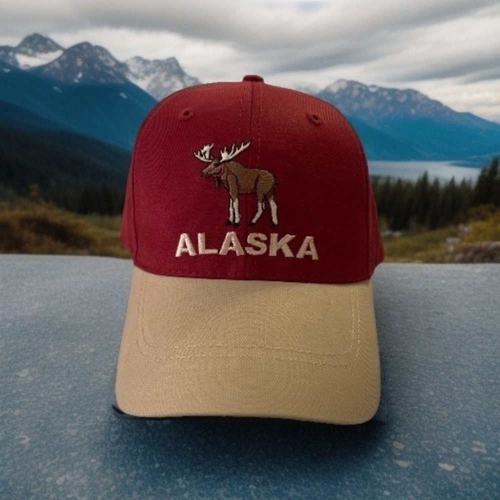 NWOT Alaska Moose Embroidered‎ Baseball Hat Cap Large Adult Burgundy Adjustable